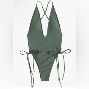 Shein Women's Deep V Neck Crisscross One Piece Swimsuit High Cut Tie Side Small